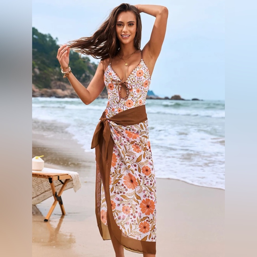 Printed Spaghetti Strap One Piece Swimwear and Cover Up Swim Set